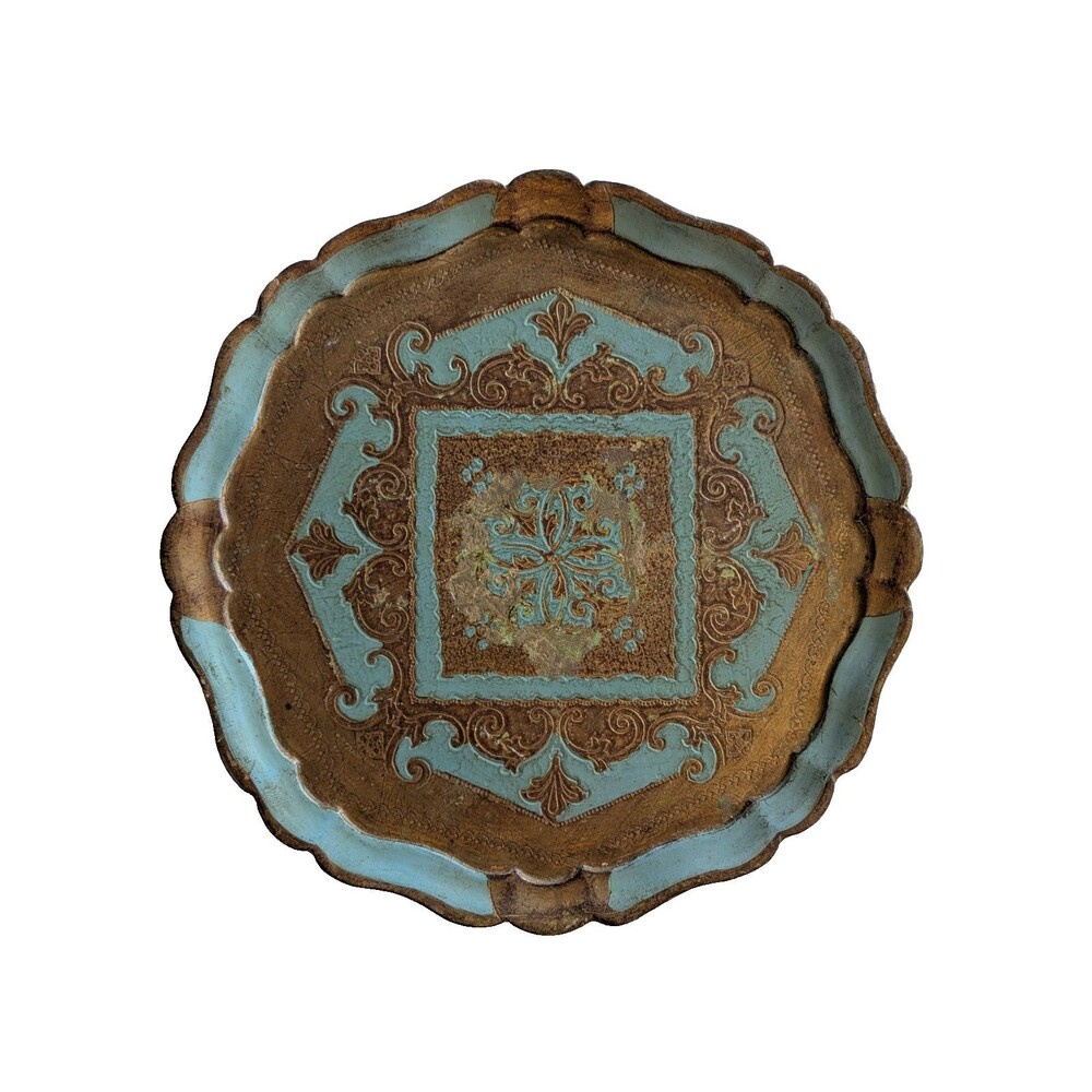 Vintage Italian Florentine Wood Tray Turquoise Gold Gilt Scalloped 15" Italy